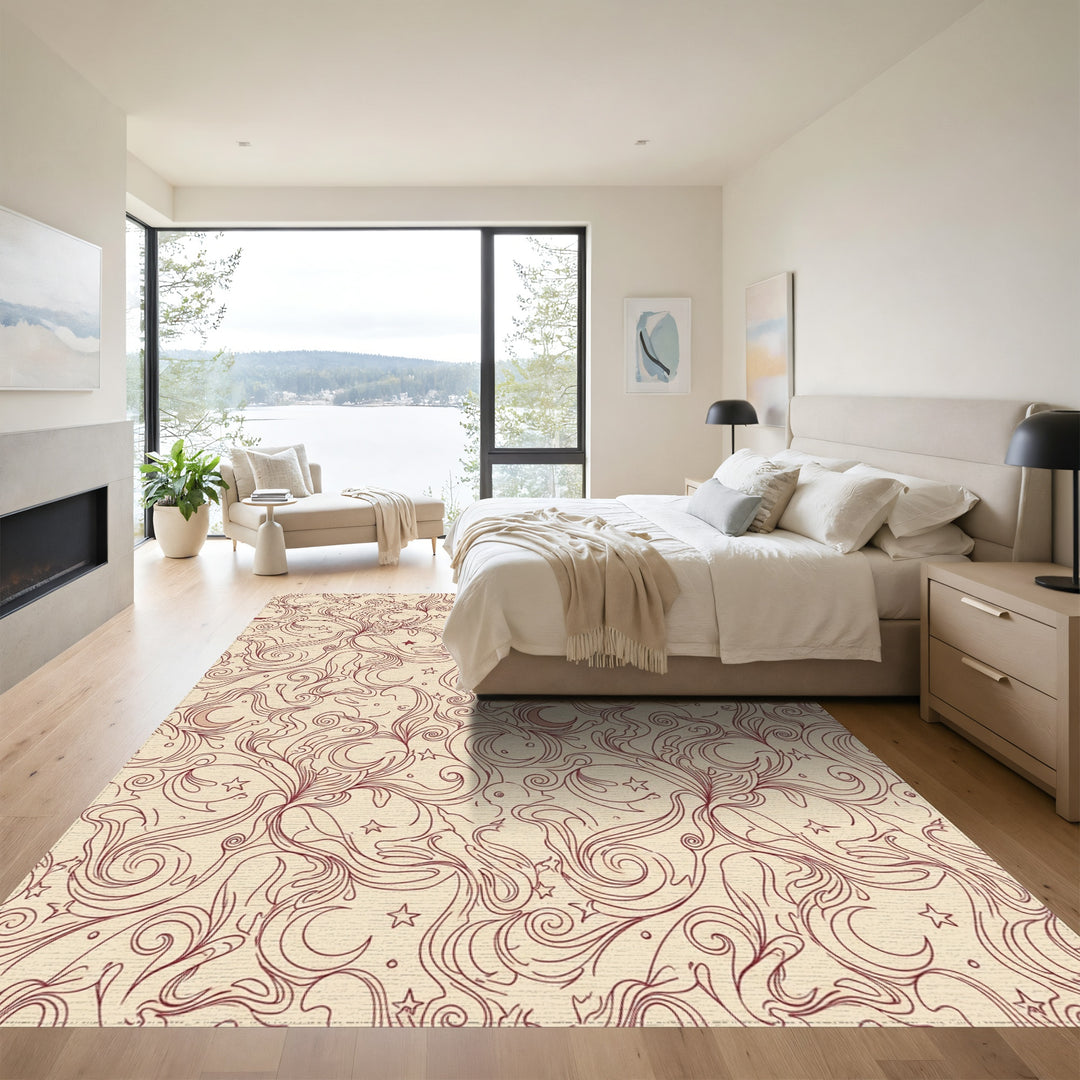Crimson Moon Crescent Floral Swirls Rug
