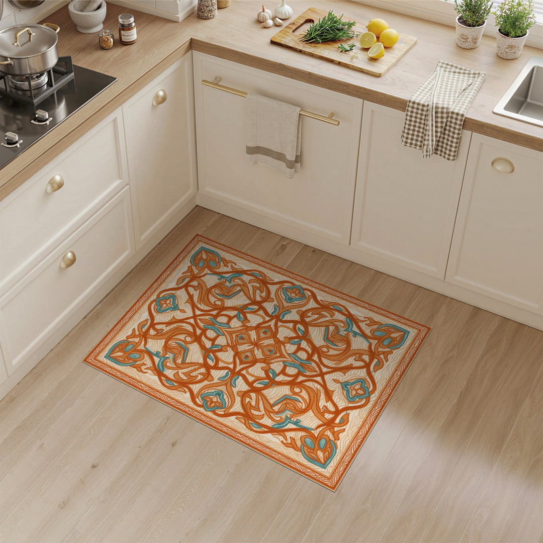 ODIKA Orange Teal Floral Vintage Area Rug