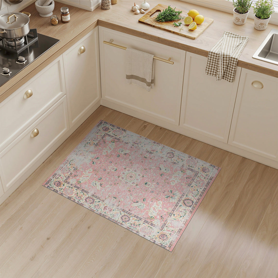 Pink Floral Vintage Washable Area Rug