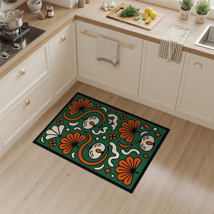 Green Floral Swirl Area Rug