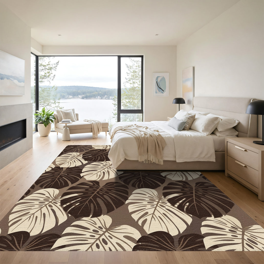 Brown White Leafy Foliage Repeat Rug