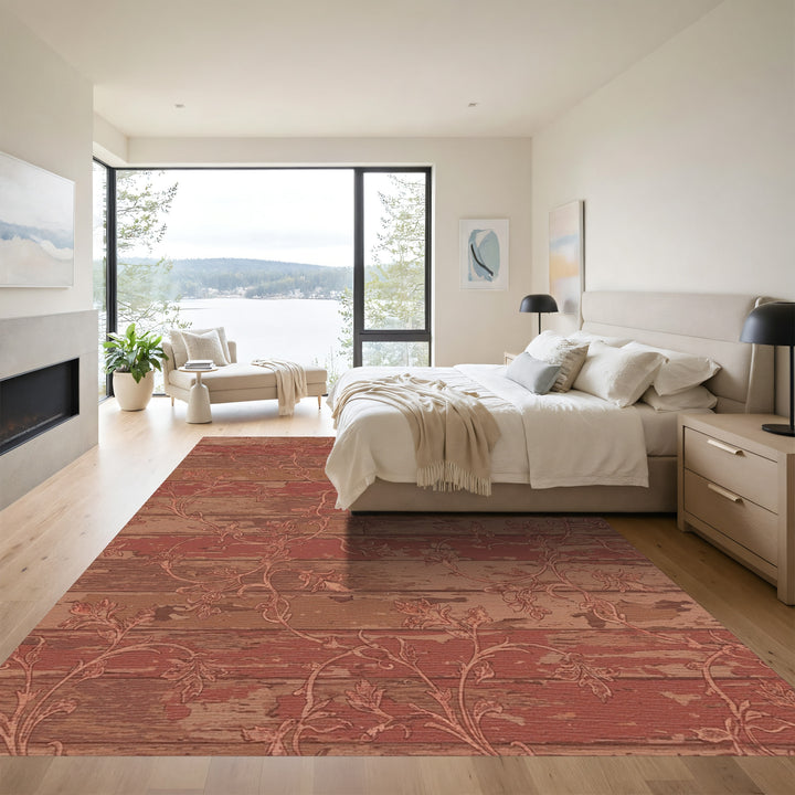 Rustic Floral Scroll Wood Grain Rug