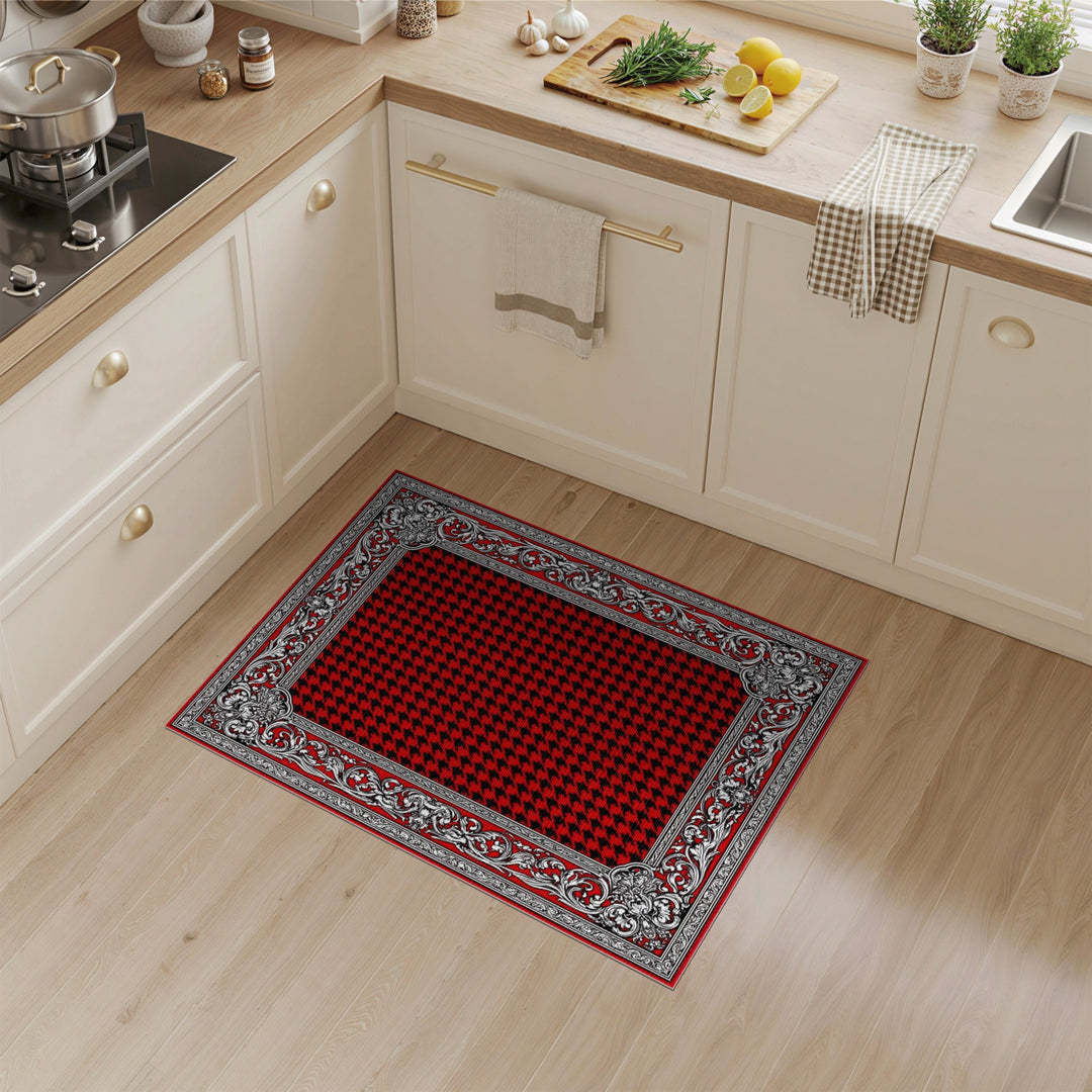 Red Houndstooth Ornate Border Area Rug