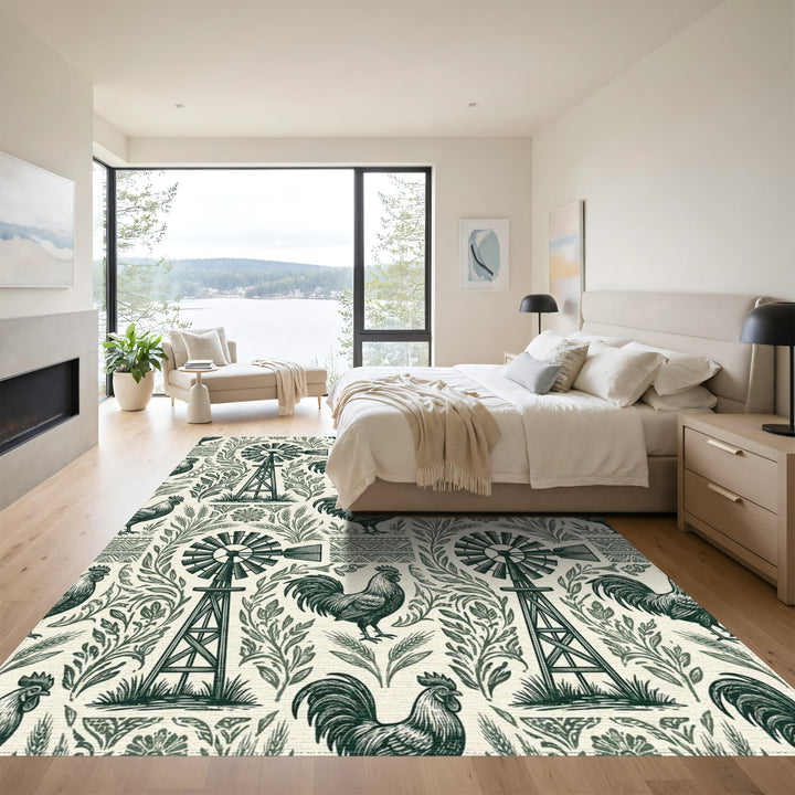 Farmhouse Windmill Rooster Garden Folk Art Rug