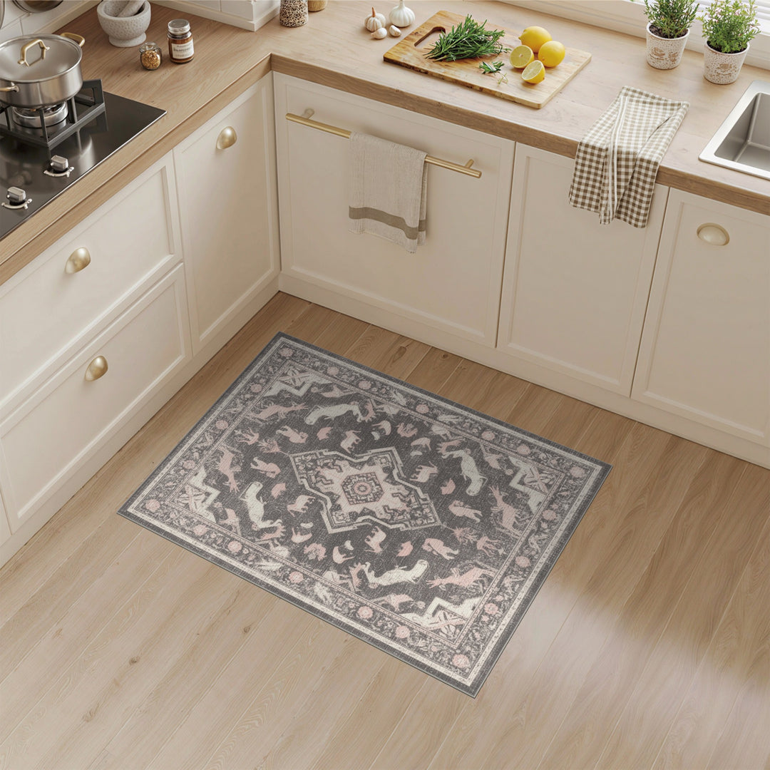 Pink Distressed Animal Motif Area Rug