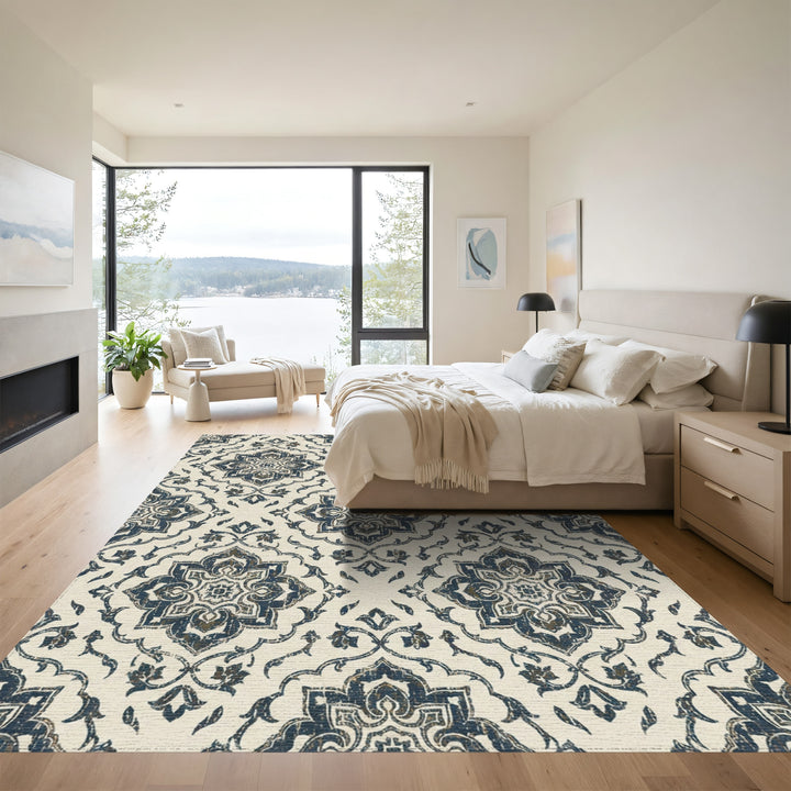 Distressed Navy Damask Medallion Rug