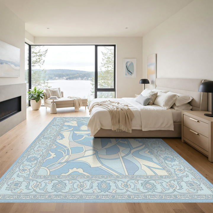 Soft Blue Floral Arc Detailed Rug