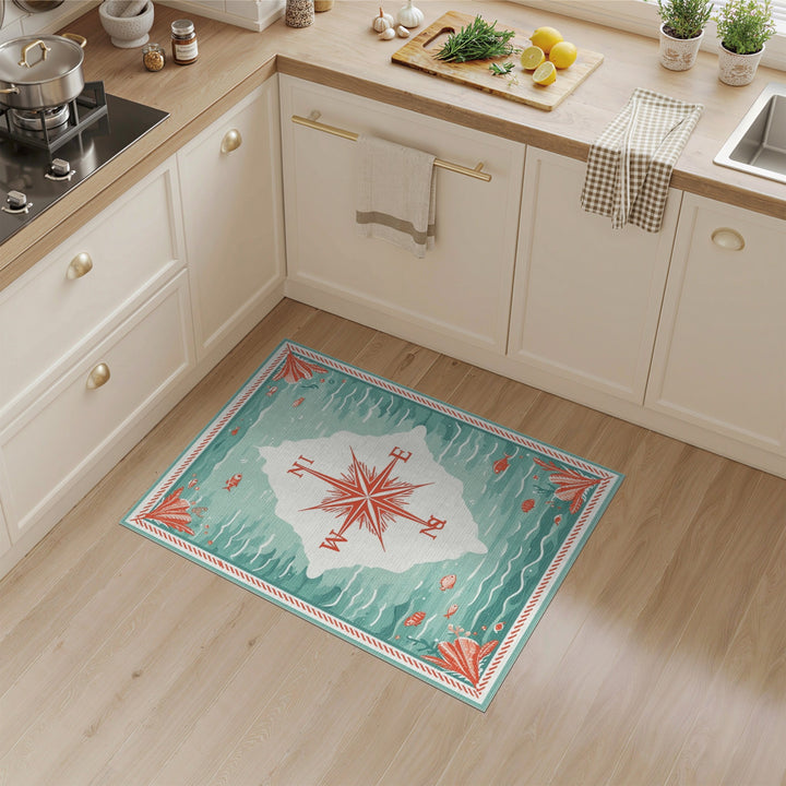 Coastal Compass Teal Area Rug