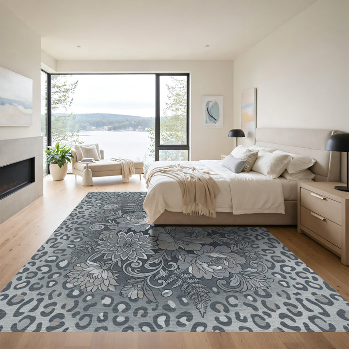 Chic Gray Floral Leopard Medley Rug