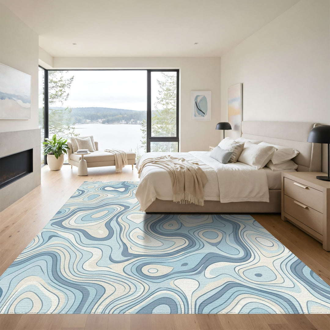 Blue Ivory Topographic Wave Rug