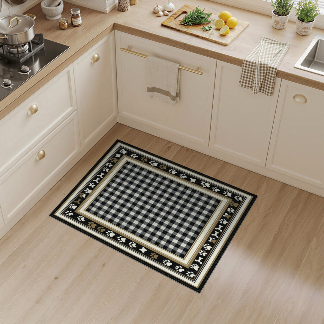Black White Checkered Paw Print Area Rug
