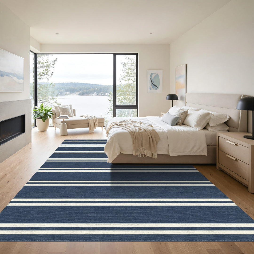 Navy and Cream Striped Rug