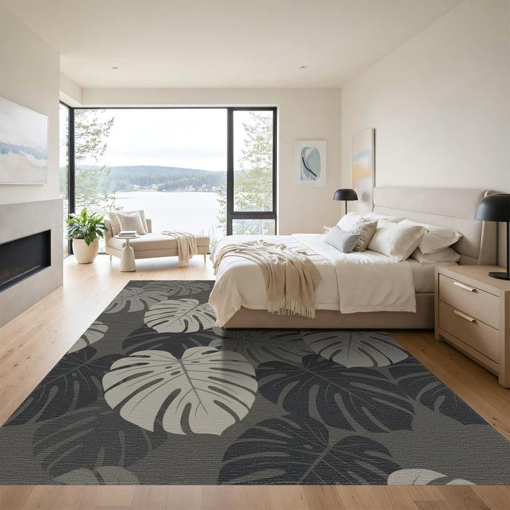 Monstera Leaf Slate Gray Tropical Rug