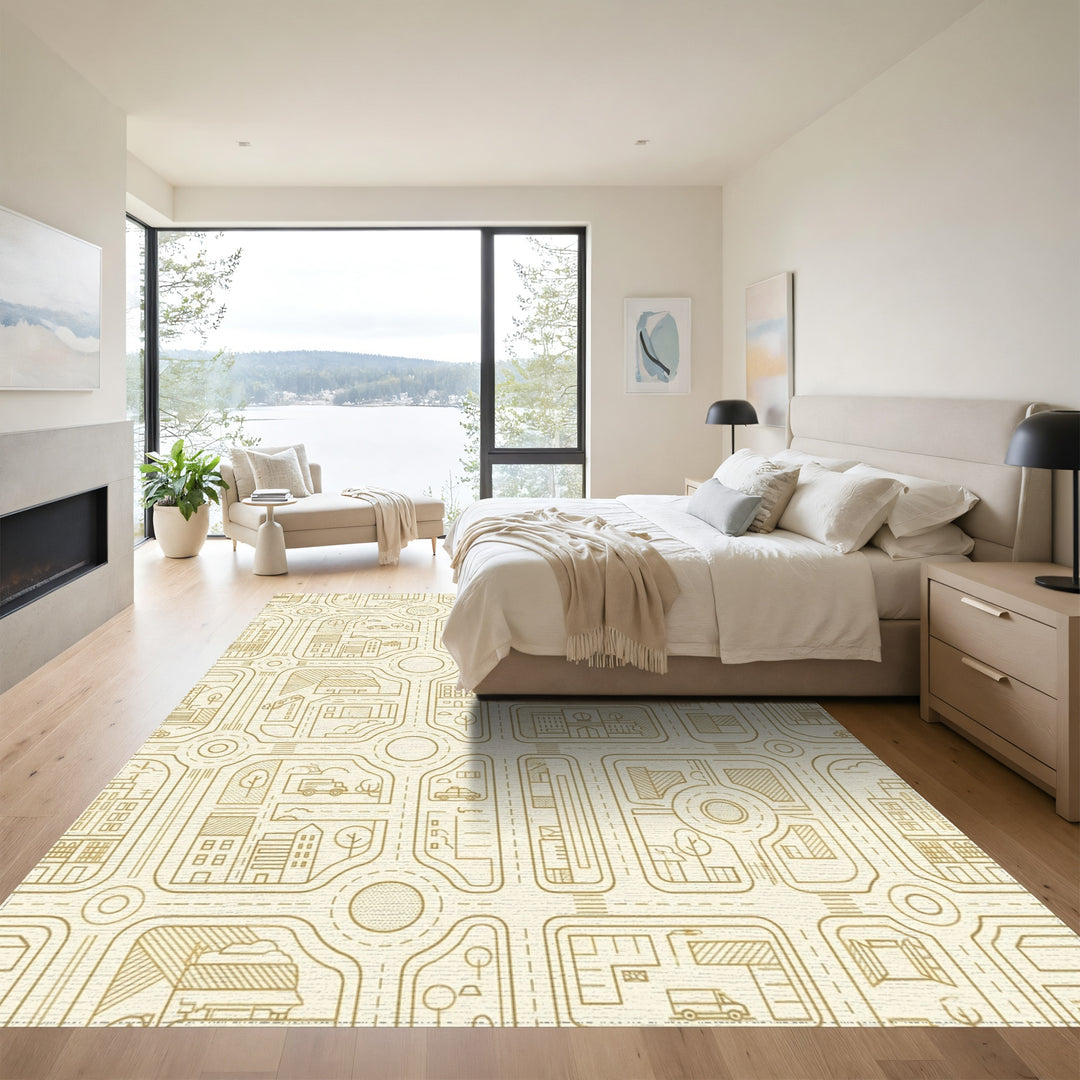 Urban Cityscape Gold Map Scene Rug