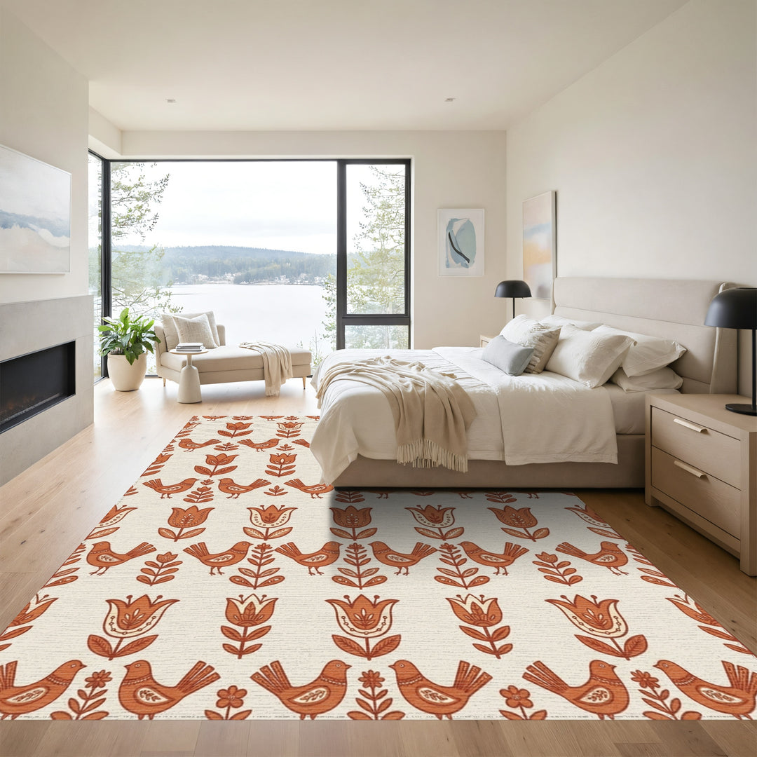 Terracotta Folk Bird Tulip Repeat Rug
