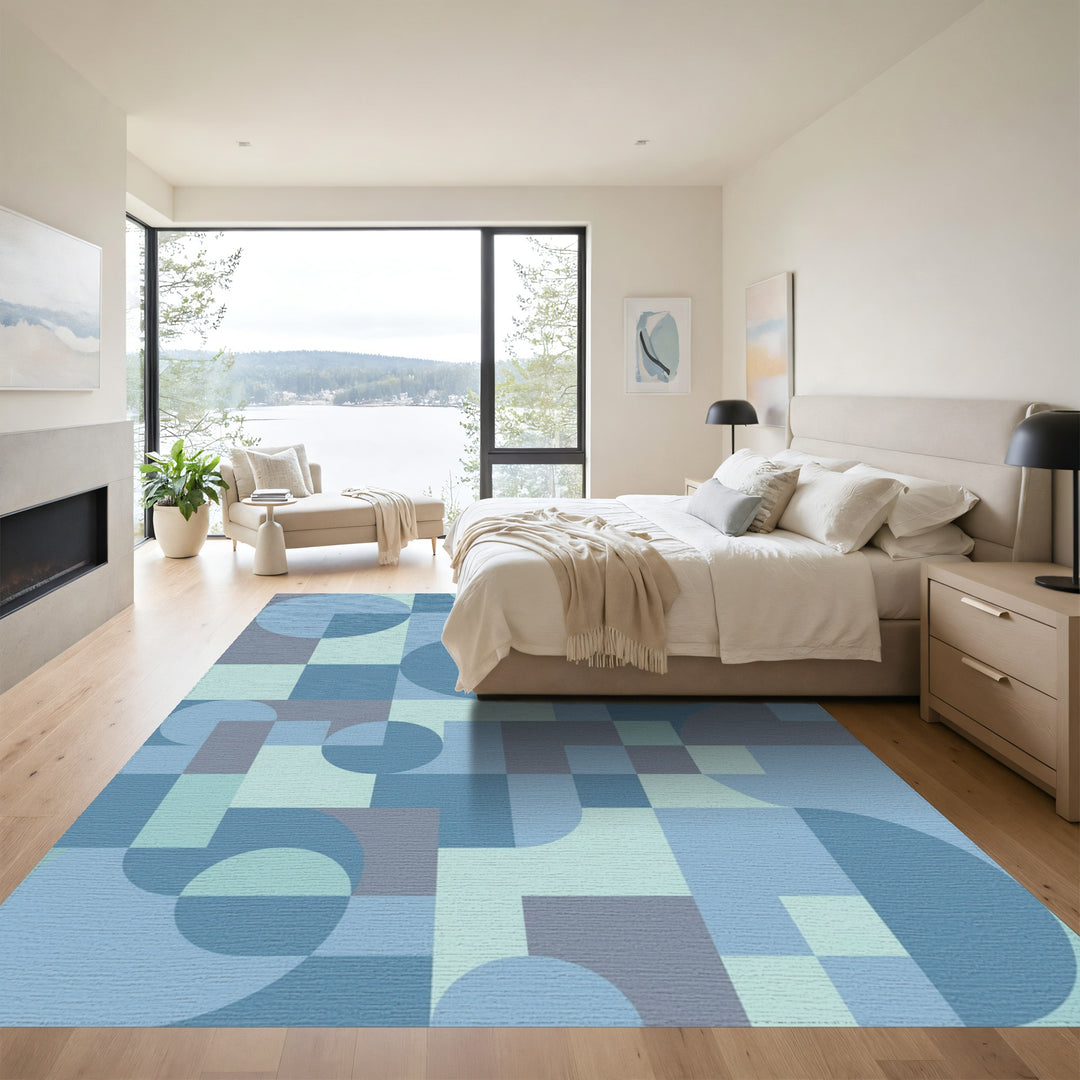 Modern Blue Geometric Circles and Squares Rug