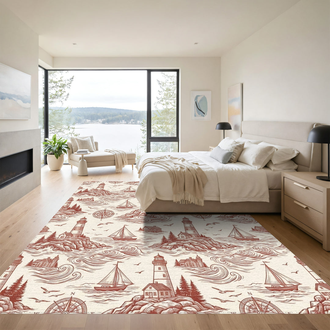 Nautical Red Lighthouse Sailboat Seascape Rug