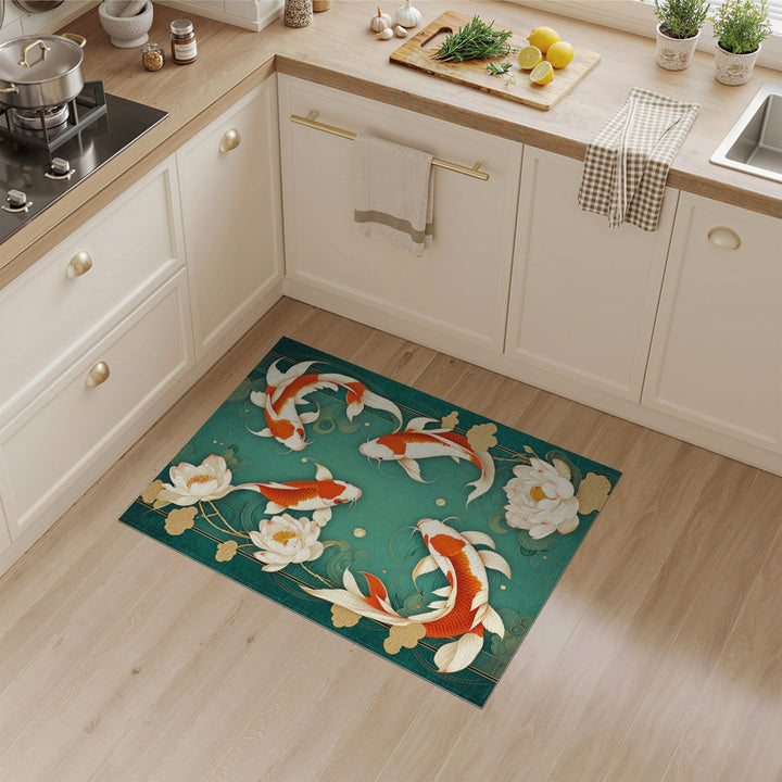 Blue and Teal Koi Lotus Teal Washable Area Rug