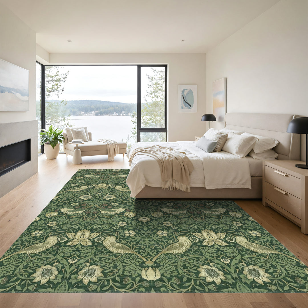 Emerald Woodland Bird Strawberry Garden Rug