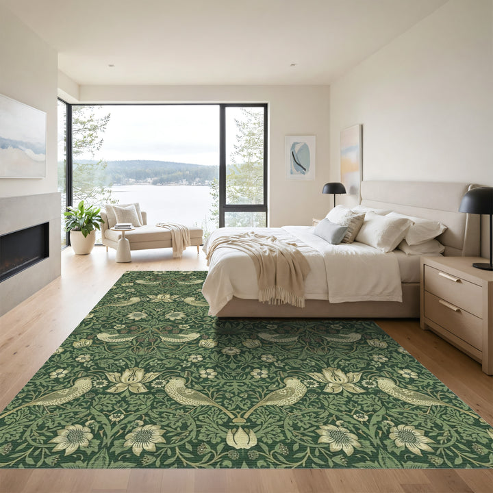 Emerald Woodland Bird Strawberry Garden Rug