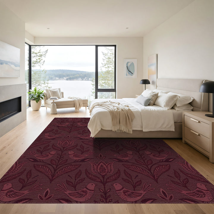 Deep Crimson Bird Floral Medallion Rug