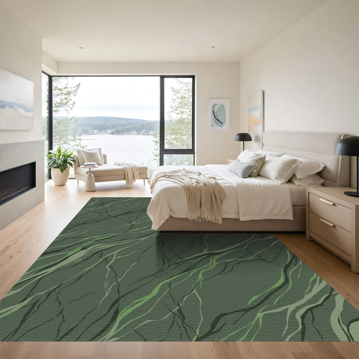 Earthy Green Abstract Root Twig Rug
