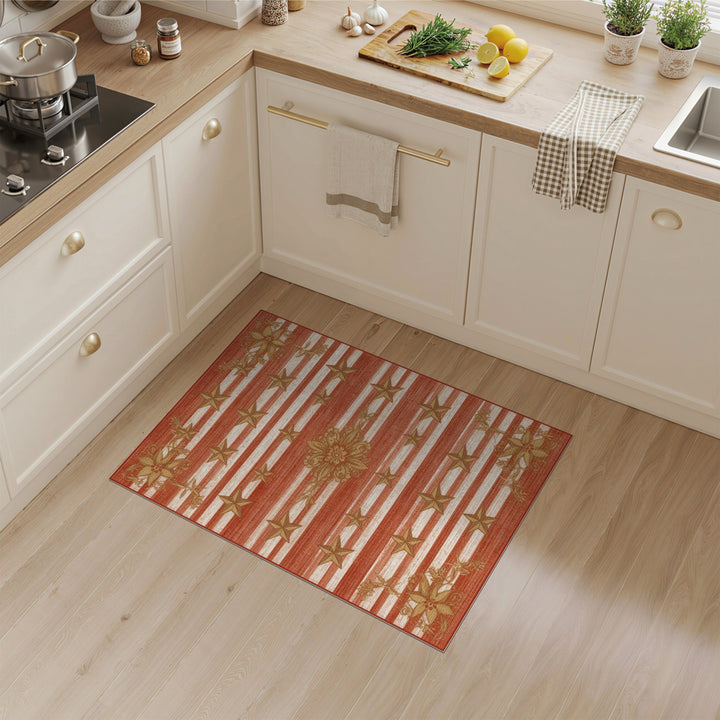 Red Striped Gold Star Floral Area Rug