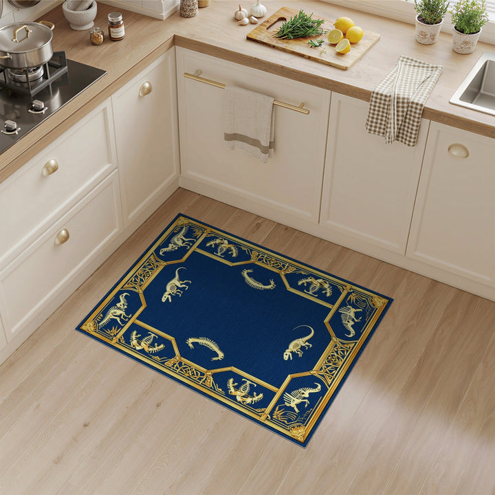 Dinosaur Skeleton Blue Gold Area Rug