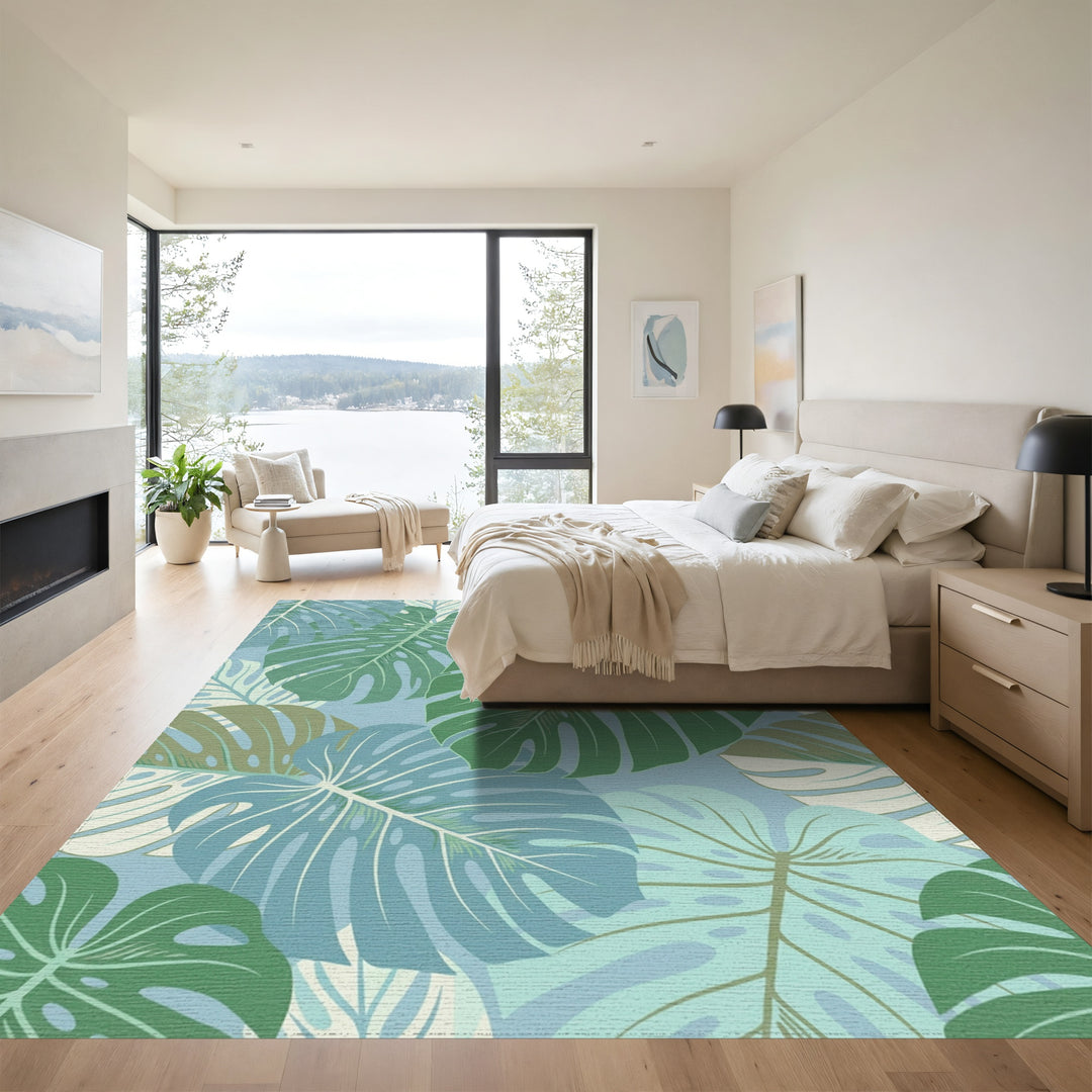 Muted Teal Monstera Leaf Collage Rug