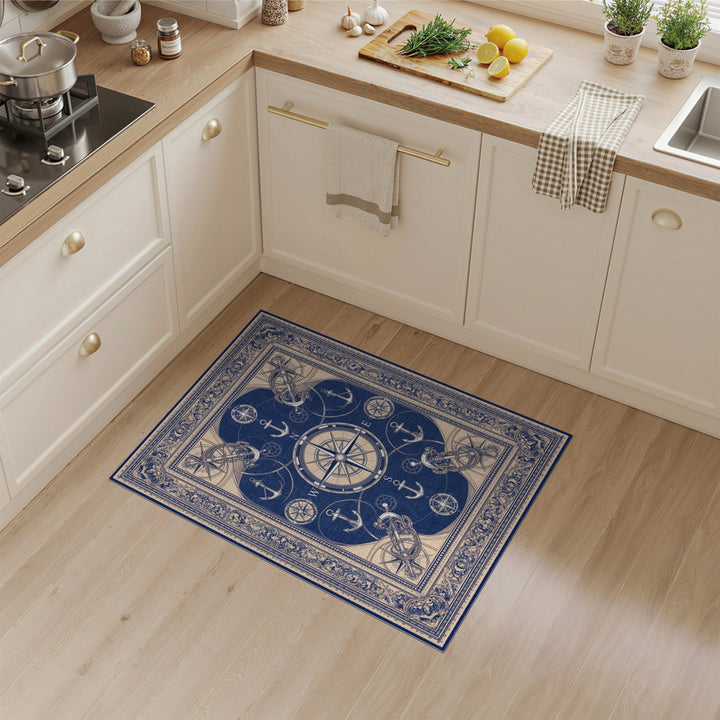 Blue and Teal Blue Nautical Compass Anchor Area Rug