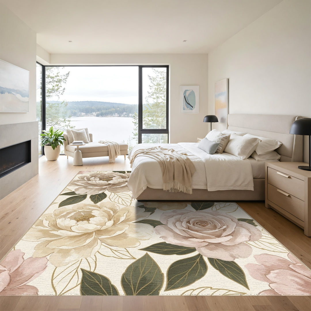 Creamy Taupe Lush Floral Garden Rug