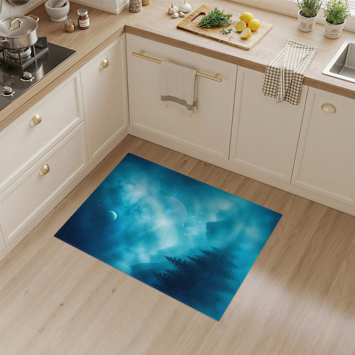 Blue Teal Moonlit Mountain Area Rug
