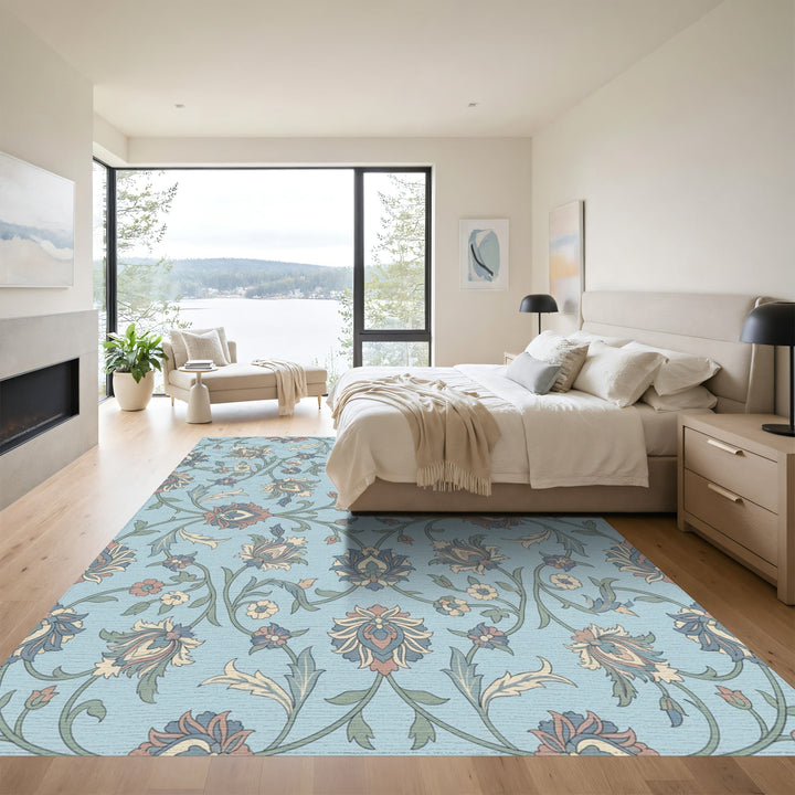 Light Blue Floral Scroll Garden Rug