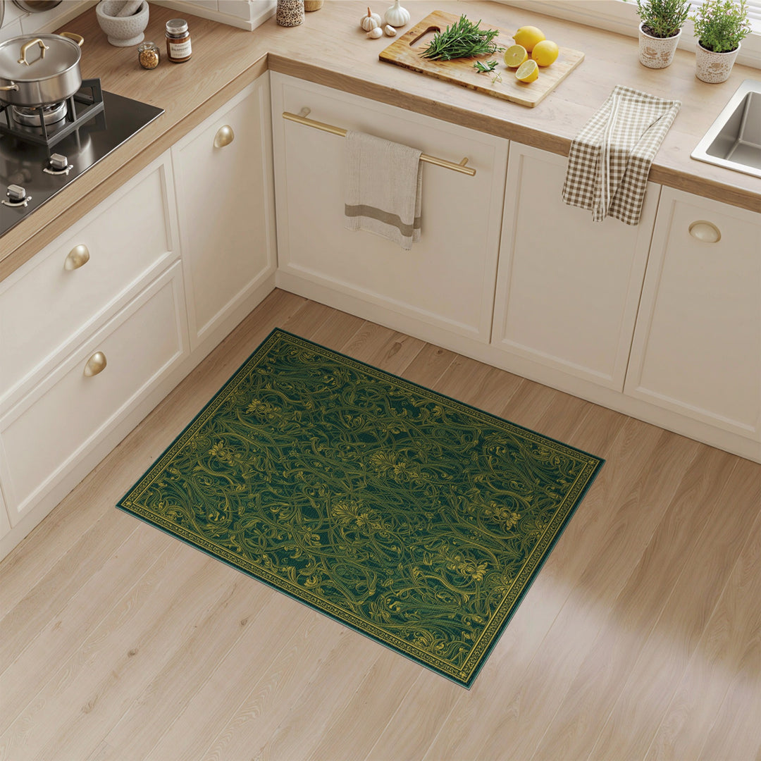 Green Ornate Green Gold Floral Vintage Area Rug