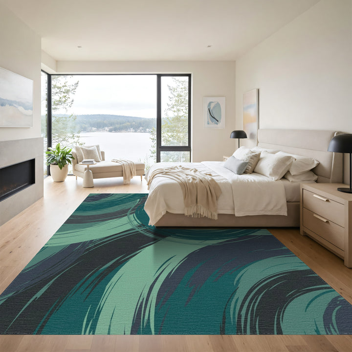 Deep Teal Swirl Abstract Brushstrokes Rug