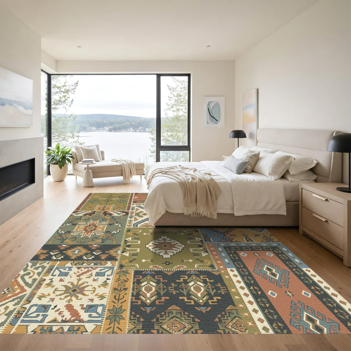 Patchwork Earth Tones Geometric Medallion Rug