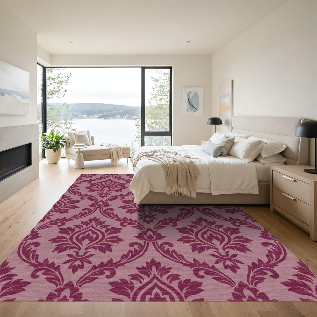 Plum Damask Scrollwork Floral Rug
