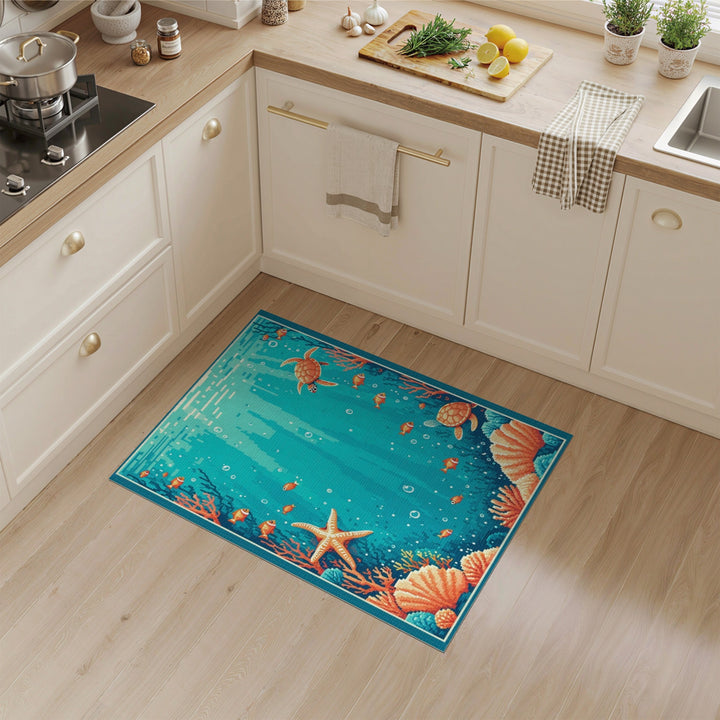 Sea Turtle Blue Teal Washable Area Rug
