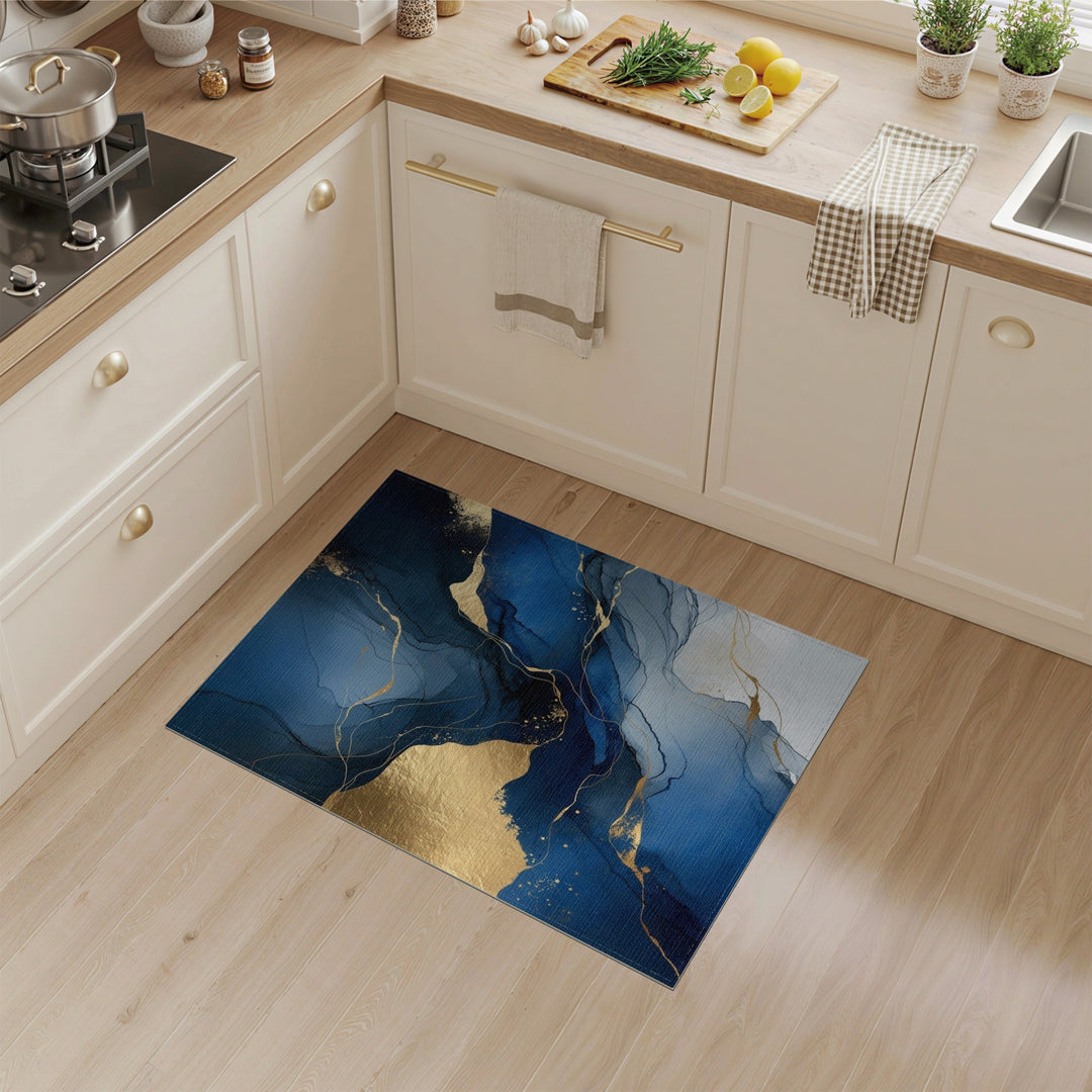 Blue Gold Abstract Fluid Area Rug