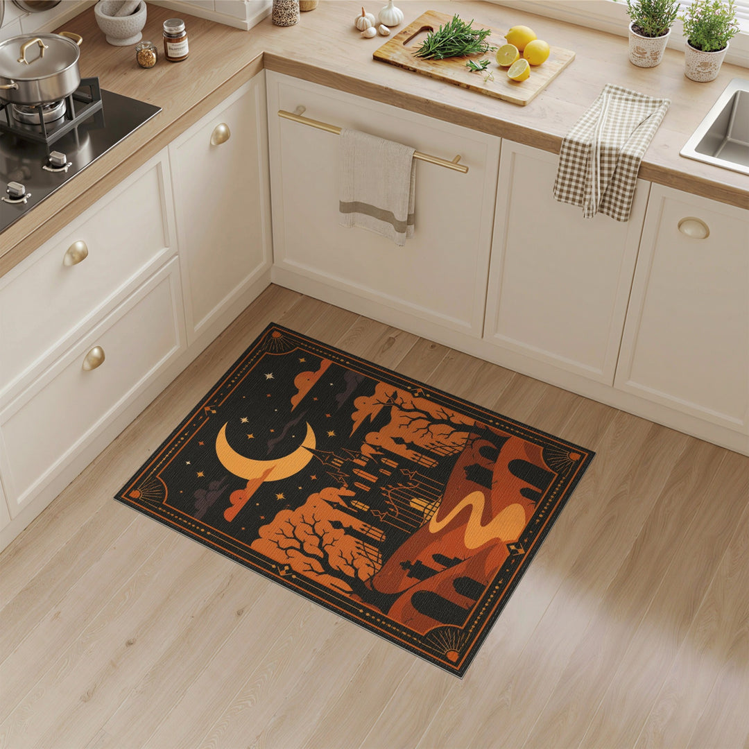 Orange Haunted Castle Halloween Area Rug