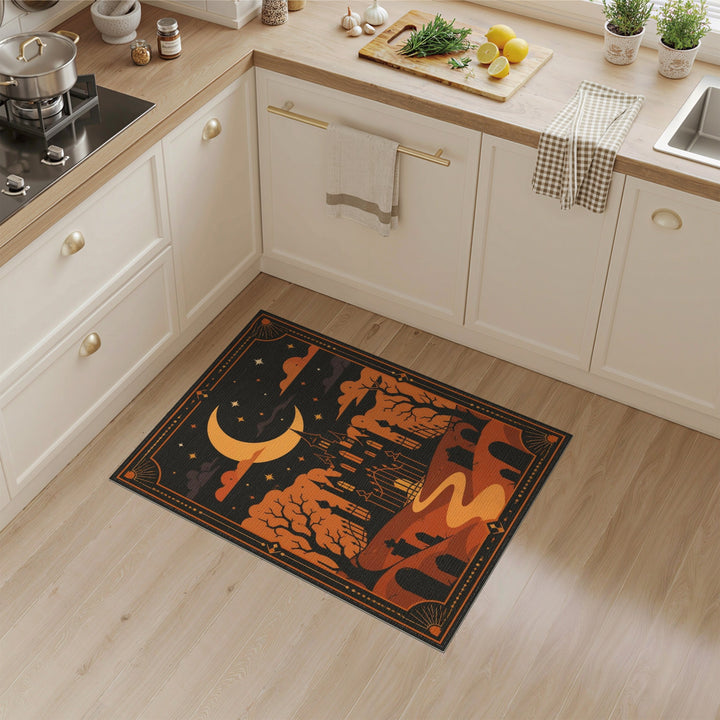 Orange Haunted Castle Halloween Area Rug
