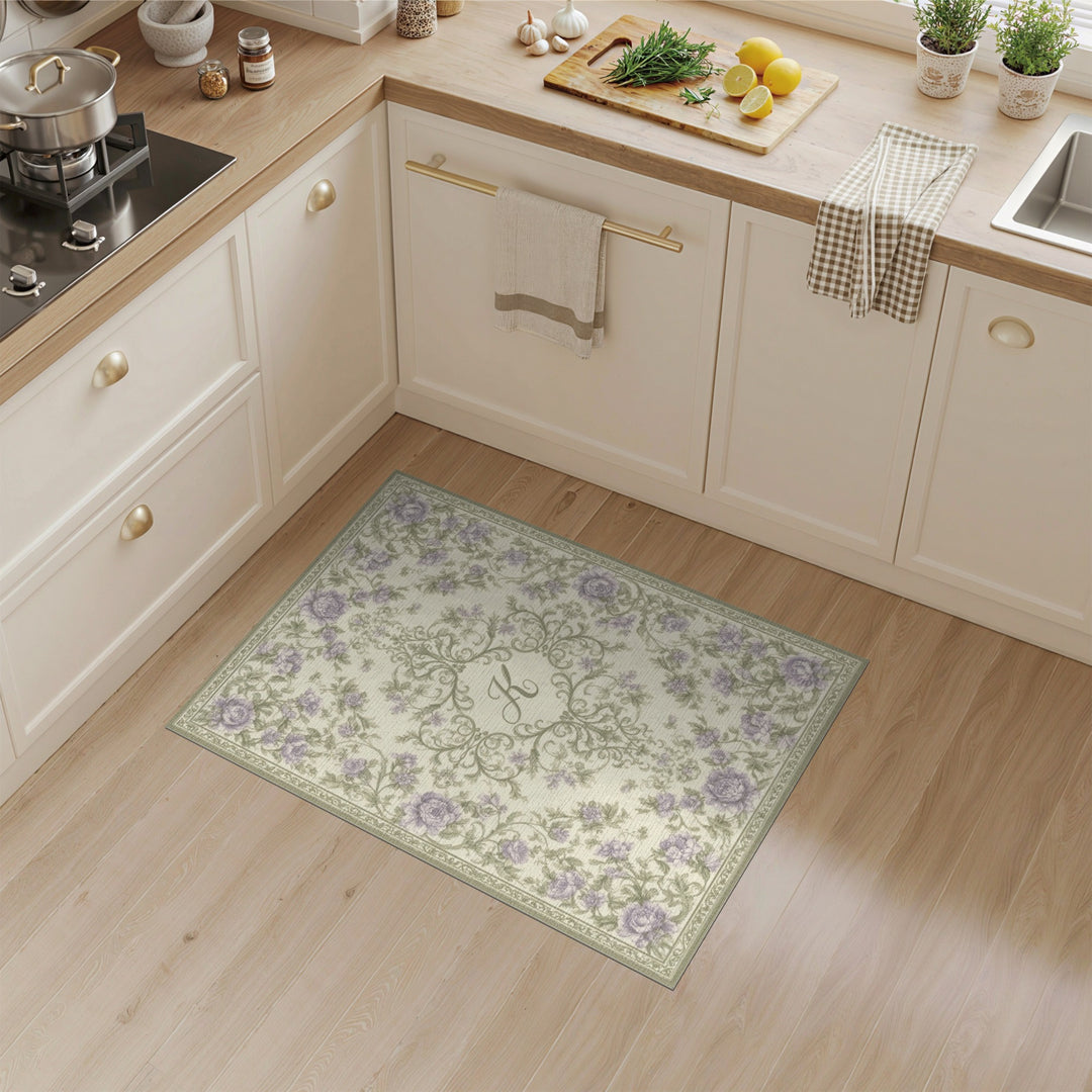 Purple Floral Vintage K Monogram Area Rug