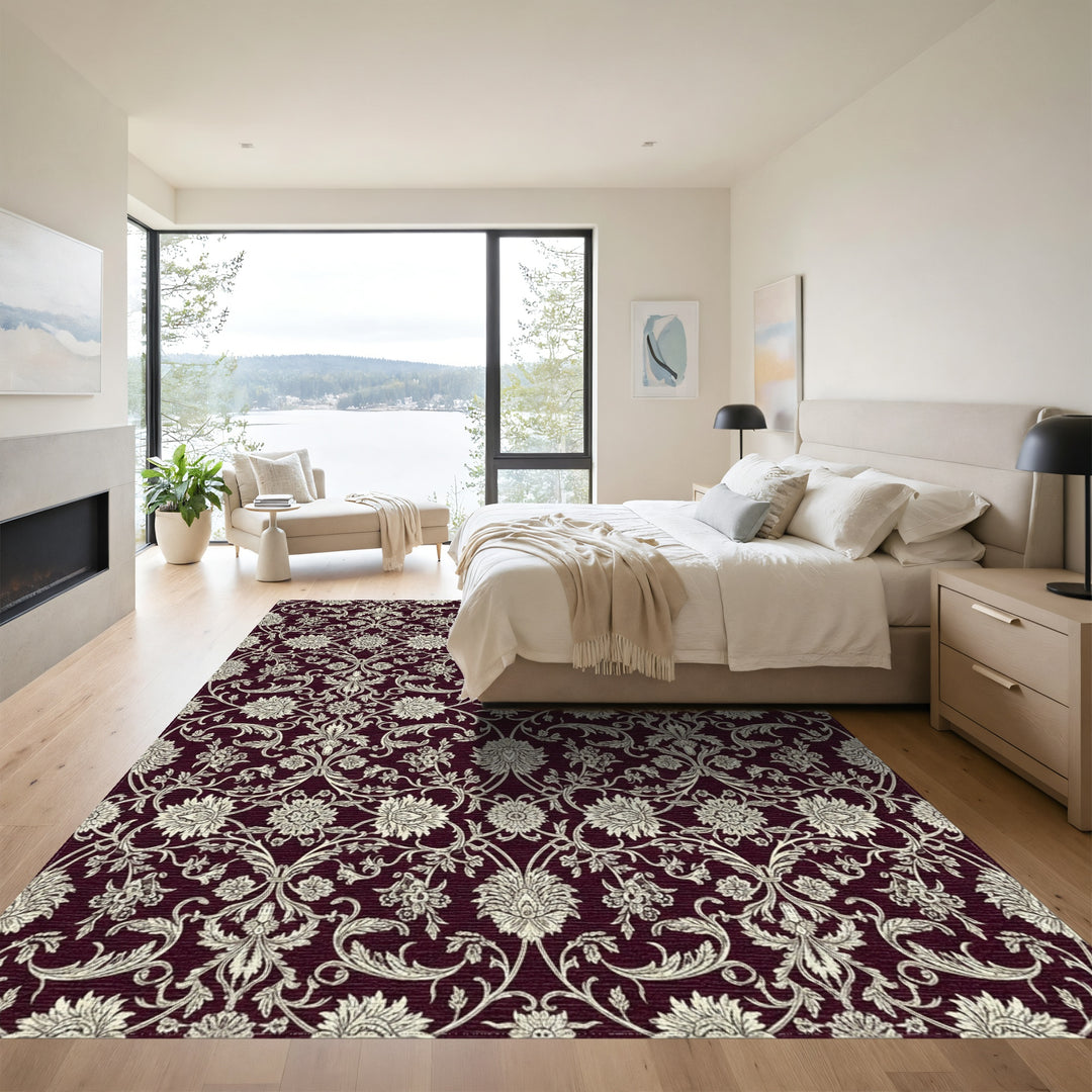 Rich Burgundy Intricate Floral Scroll Rug