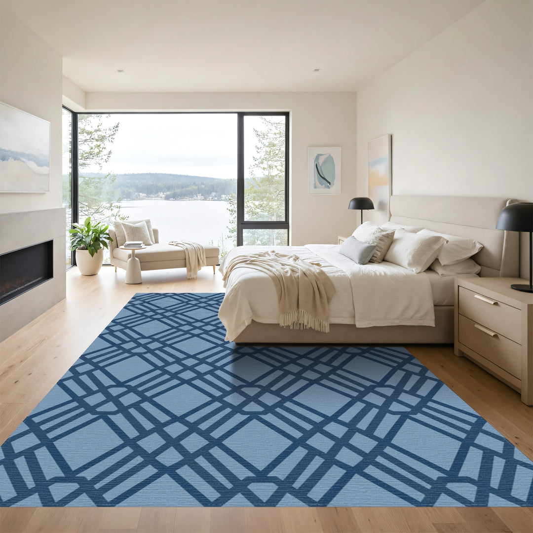 Deep Blue Intersecting Diamond Lattice Rug