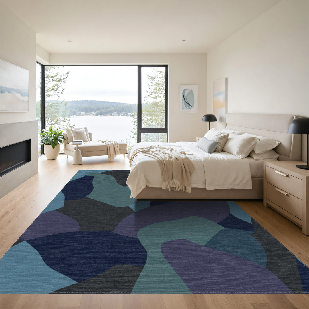 Deep Blue Abstract Camouflage Shapes Rug