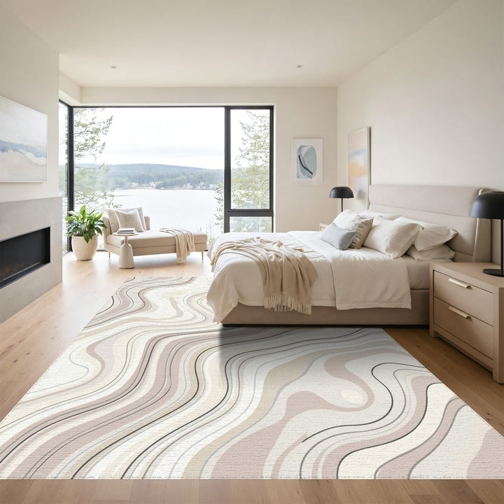 Cream and Taupe Swirling Abstract Lines Rug