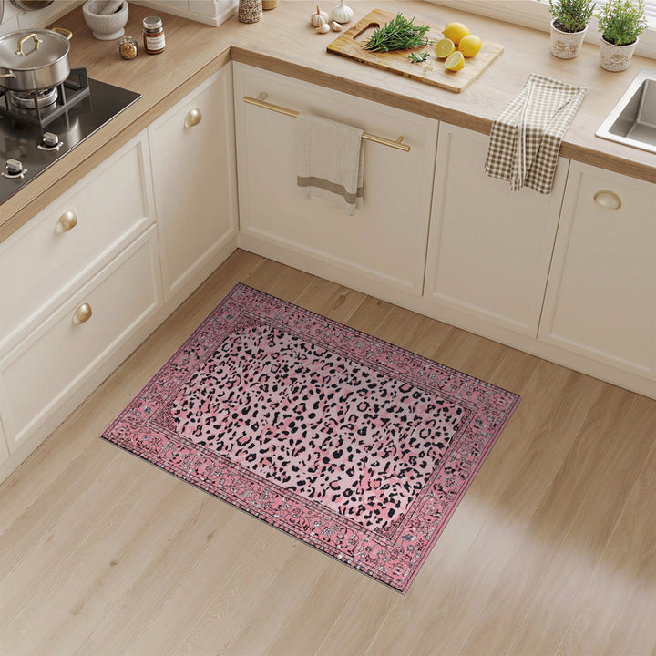 Pink Leopard Print Area Rug with Floral Border