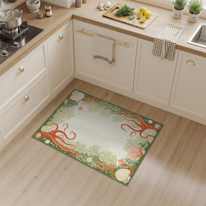Red Octopus Coastal Green Area Rug