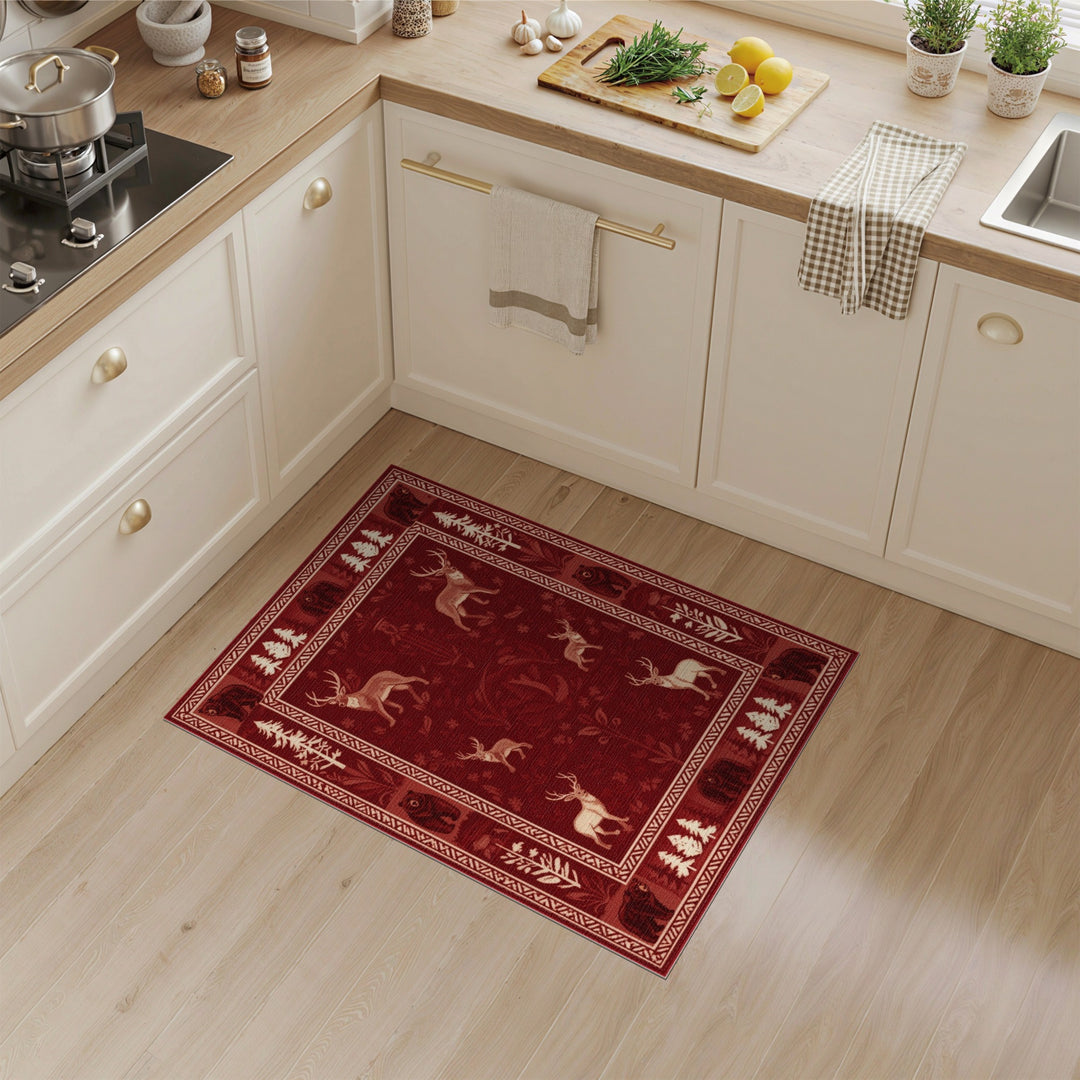 Red Rustic Bear Deer Woodland Area Rug