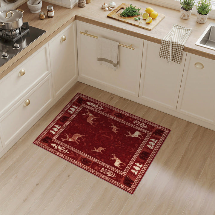 Red Rustic Bear Deer Woodland Area Rug
